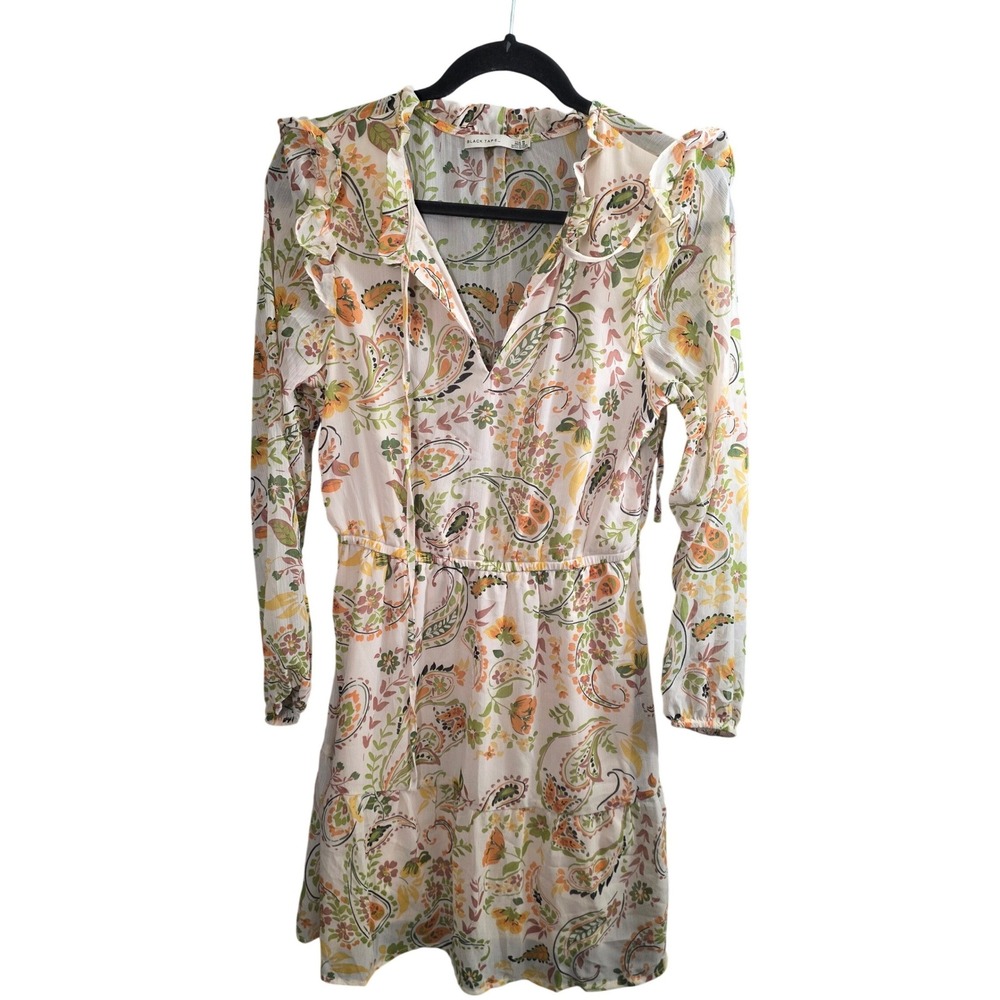 Black Tape Mini Dress Size Medium Med Paisley Floral Flowy Lightweight Ruffle